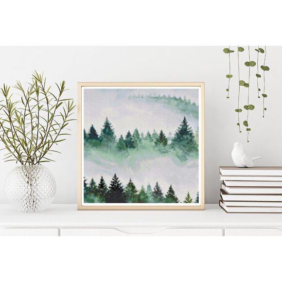 Foggy Green Evergreen Tree‎ Mountain Landscape Counted Cross Stitch Leaflet NEW - Picture 2 of 4